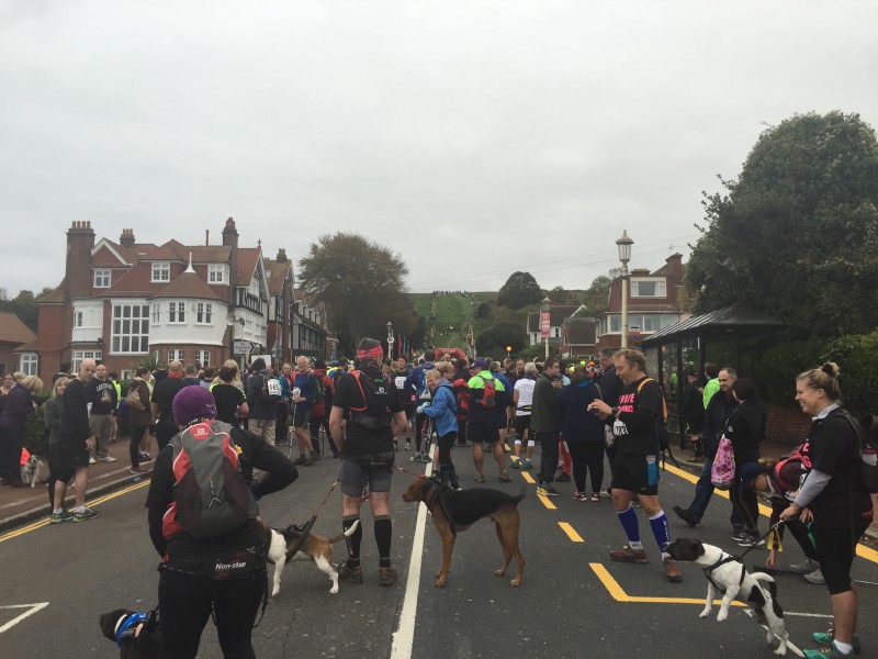 A group of Canicrossers and runners at the start of a race